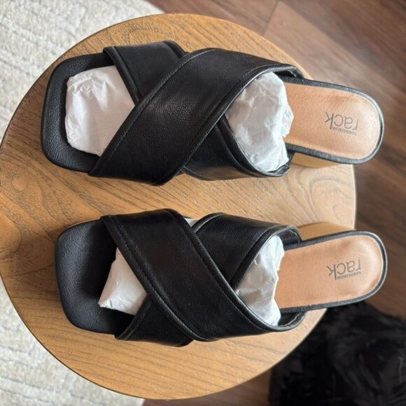 Nordstrom Rack Black Leather Crisscross Open-Toe Slip-On Sandals With Wooden Blo - Picture 5 of 10